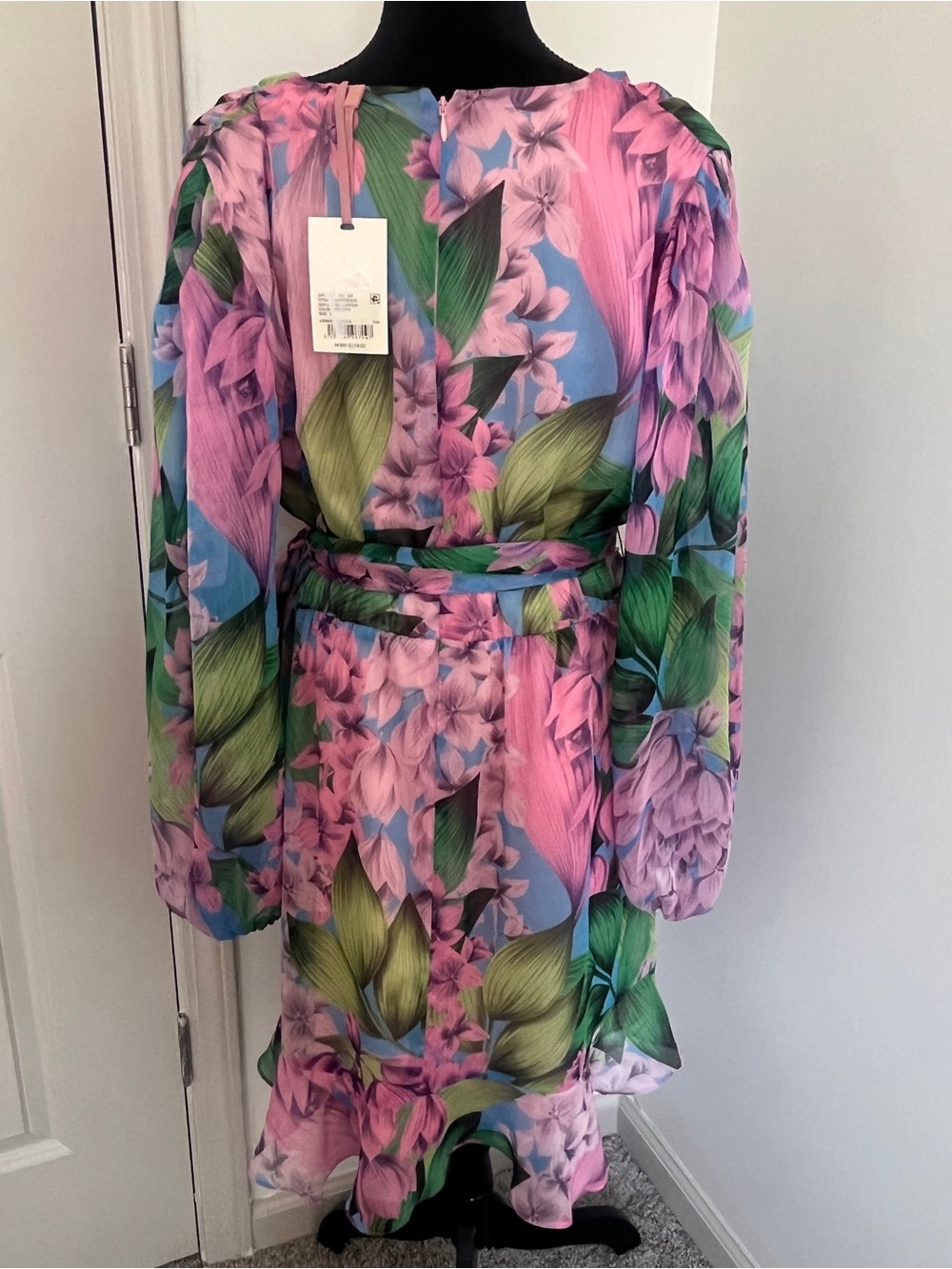 Alex Marie Floral Faux Wrap Dress NWT Size 14 Pink Blue Tropical Print Cocktail - Picture 4 of 6